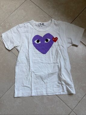 Comme des Garçons PLAY White Tee with Purple and Red Heart Graphics